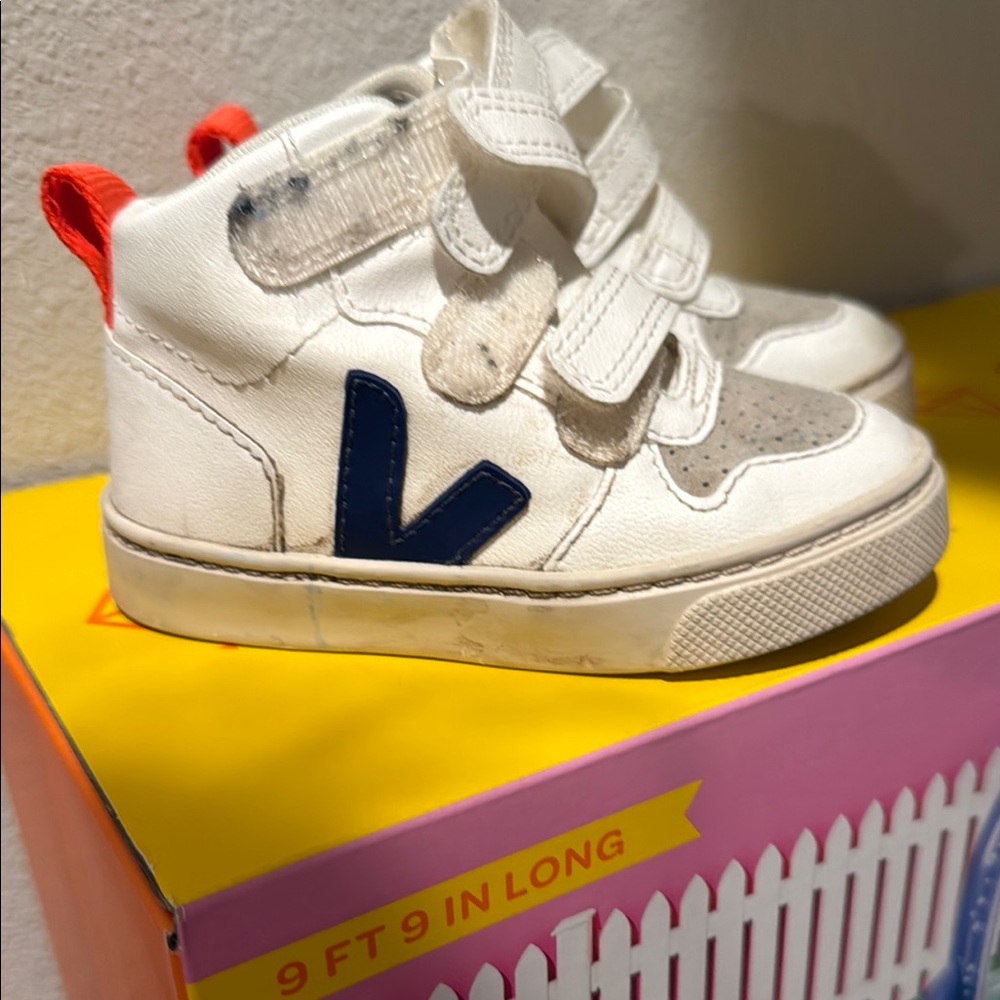 Veja Kids Sneakers in White and Navy with Red Accents